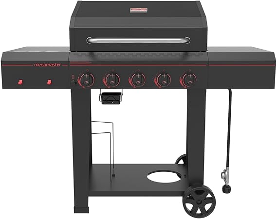 Megamaster Cart 5 Burner Gas Grill, Side Tables with Accessory Hooks, Black