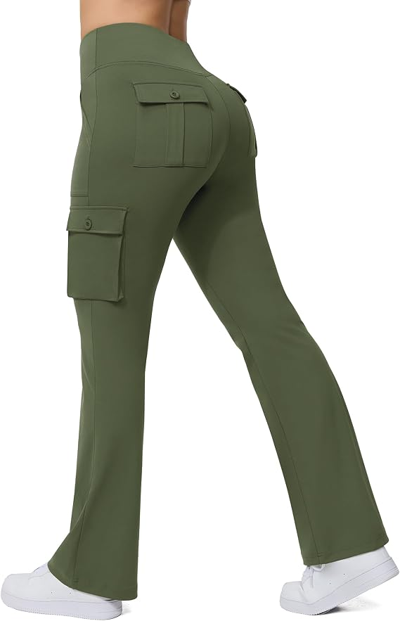 Casei Women's Yoga Flare Leggings with 6 Pockets High Waisted Cargo Pants