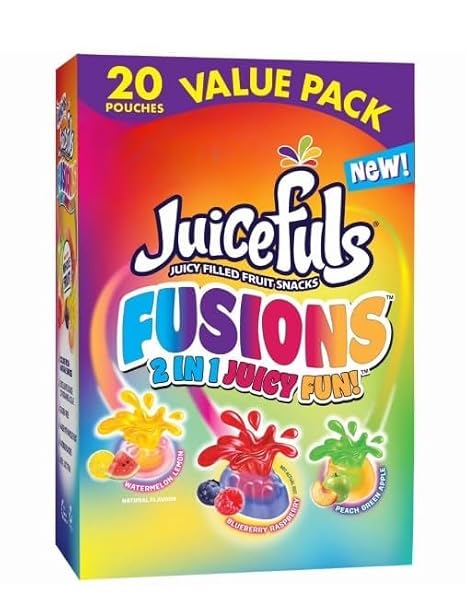 Juice Fusions Fruit Snacks Gluten Free, Juicy Filled Soft Gummies, 0.8 oz Snack Packs (20 Count) Assorted Fruit Flavors