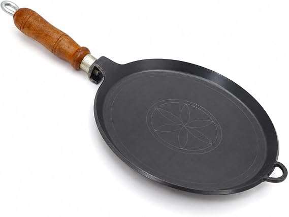 Heavy Duty Cast Iron Dosa Tawa 10 Inch, Griddle Pan with Stay-Cool Wooden Handle, Iron Crepe Pan for Tortillas, Pancakes, Eggs, Roti, Flatbread & Breakfast Cooking, Induction Compatible