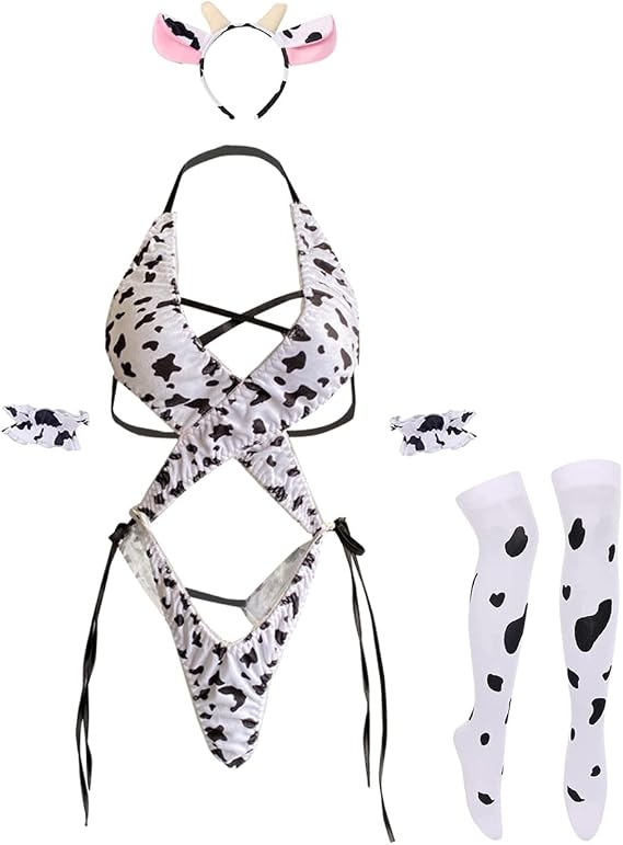 Cow Women Anime Milk Cosplay Costume Bikini Kawaii Bra and Panty Garter Belt Lingerie Set White StockingType 1 White