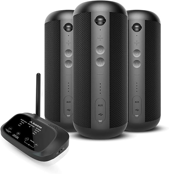 Avantree Harmony 2 - Multi-Room Wireless Speaker System for Home & Office | Sync multiple speakers across rooms with low-latency audio via Bluetooth, AUX or optical input, No Wi-Fi or app required