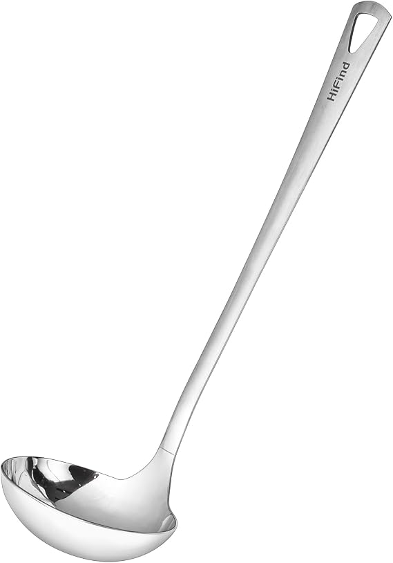 HIFIND Cooking Spoon 12.2 Inches Kitchen Stainless Steel Round Ladle, Heavy-Duty, Heat Resistance, Rust-Resistant Kitchen Ergonomic Handle for Chefs Serving Soups, Stews