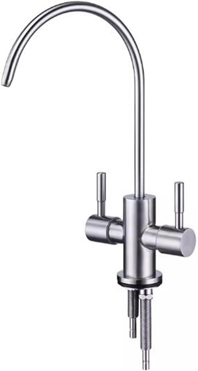 Water Filter Faucet Double Water Outlet 2 Handles Pure Faucet Stainless Steel Brushed-A