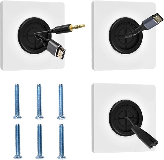 Cable Entry Cover, 3 Pcs Wall Mounted Cable Brush Plate Single Gang Cables Entry Plate Wall Cables Cover Panel Brush Faceplate for Covering Outlets Receptacles Tidying Cords, 35mm Hole