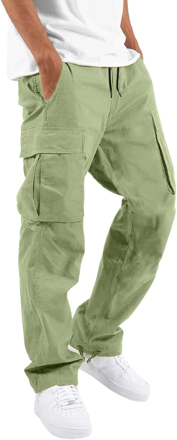 Mens Heavyweight Cargo Pants Elastic Waist Drawstring Jogger Sweatpants Straight Multi Pockets Outdoor Sports Trousers