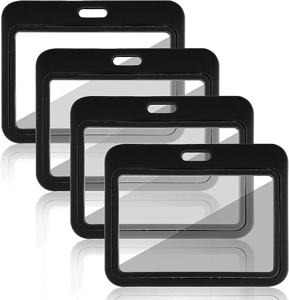 4 Pack Horizontal ID Badge Holder Double-Sided Transparent ID Badge Holders Waterproof Hard Plastic Badge Holder for Office School ID Credit Card Exhibition Card(Black)