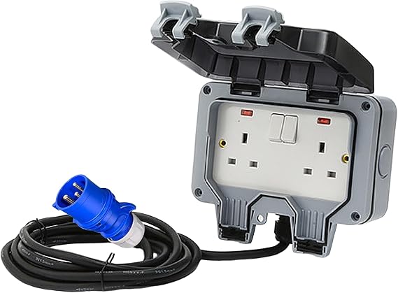 Double Outdoor Socket with 1m/3m Waterproof Extension Lead, 32Amp Plug to 13Amp Weatherproof 2Gang Socket, Heavy Duty Cable, Outdoor Plug Sockets Waterproof Covered sockets box (3m)