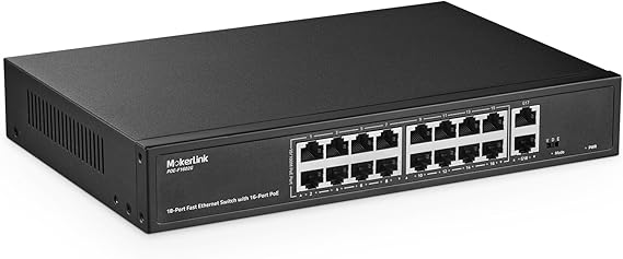 MokerLink 16 Port PoE Switch, 2 Gigabit Uplink, 200W IEEE802.3af/at, VLAN & Extend, Metal Rackmount Unmanaged Plug and Play Ethernet Switch, 16*100M POE+2GE