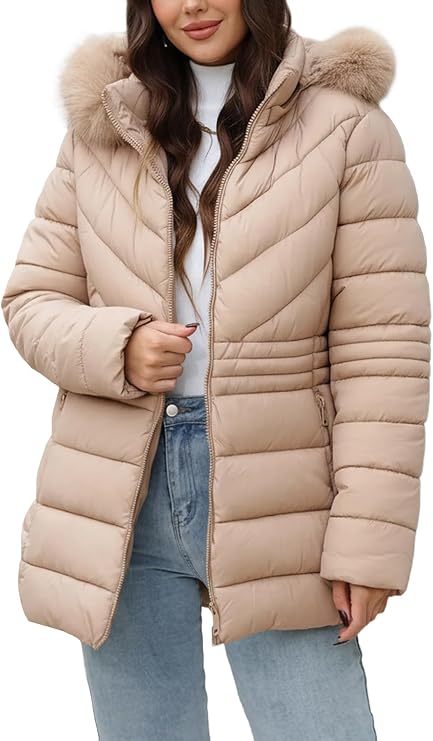 Bellivera Women's Winter Quilted Puffer Bubble Jacket with Faux Fur Hood