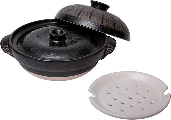 Set of Japanese Clay Pot Donabe, Outer Lid, Inner Lid and Steamer Tray, for 3-4 People, 2000ml, Black Stripes
