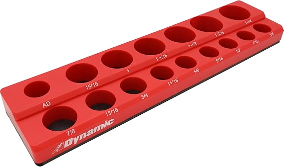 Dynamic Magnetic Socket Organizers, 1/4", 3/8" and 1/2" Drive, SAE and Metric, Quality Tool Box Organizers (1/2 Dr. SAE, Red, Holds 15 Sockets & 1 Adapter)