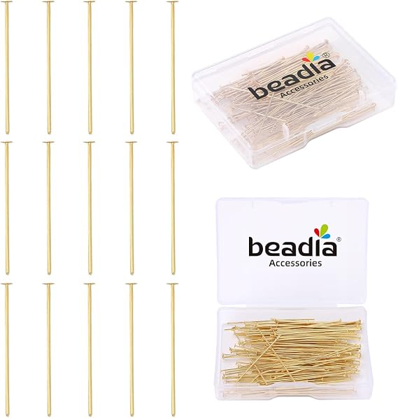 BEADIA 14K Gold Plated Flat Head Pins Non Tarnish 40mm 150pcs for Jewelry Making Findings