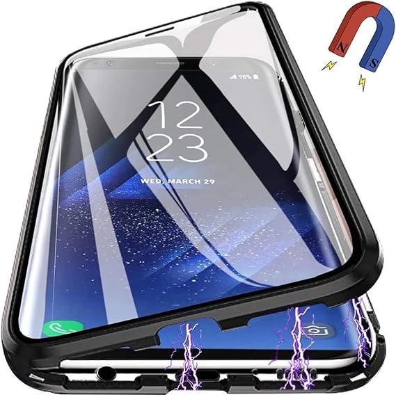 Magnetic Case for Huawei Mate 20 Cover, 360 Full Protection Clear Cover Metal Bumper with Front and Back Clear 9H Tempered Glass Flip Cover for Huawei Mate 20, Black