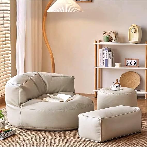 Bean Bag Chair Bean Bag Cover Faux Leather Bean Bag Sofa Cover No Filler Beanbag Chair Pouf Ottoman Recliner Footrest Stool Floor Seat Corner (Color : Beige, Size : 3 in 1 Cover)