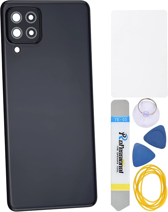 Black Plastic Back Panel Cover Replacement for Samsung Galaxy A22 with Rear Camera's Frame Rear Camera's Glass Cover Pre-Install Adhesive and Installation Instruction Tool Kit