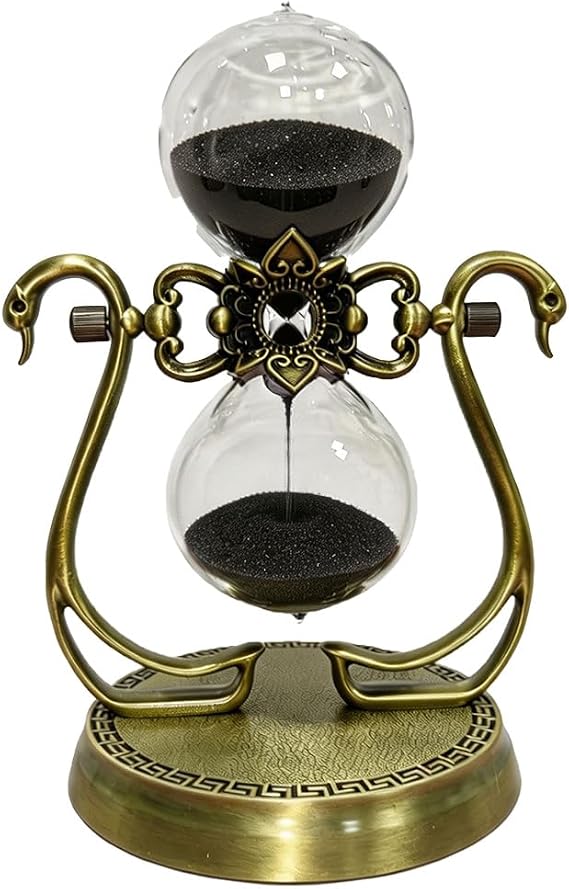 Hourglass 60 Minute Sand Timer, Vintage Brass, Black Sand, Swan Design, Decorative Sand Clock