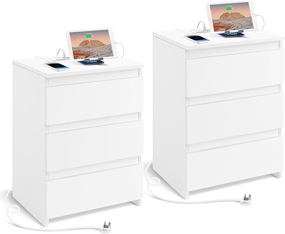 Yaheetech Set of 2 Charging Bedside Tables with 3 Drawers, White