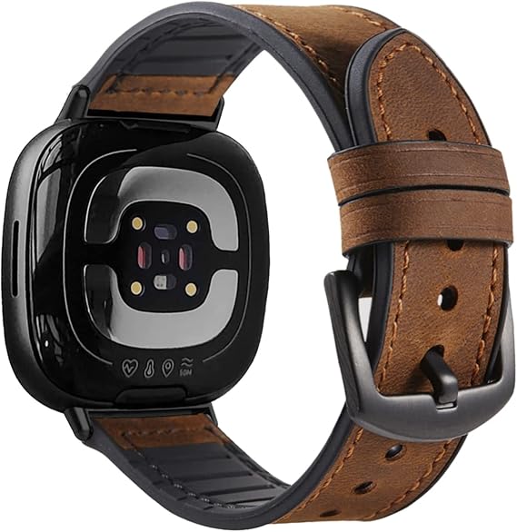 YOOSIDE Leather Watch Strap for Fitbit Versa 4 / Versa 3, Genuine Leather Silicone Hybrid Men Wrist Bands with Stainless Steel Clasp for Fitbit Sense 2 / Sense
