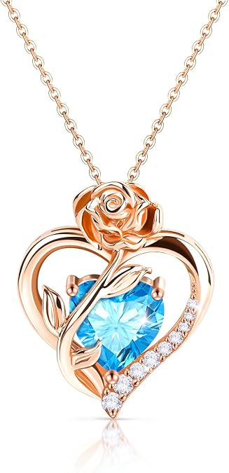 Heart Birthstone Pendant Necklace for Her, Rose Gold 925 Sterling Silver