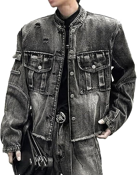Denim Jacket Men Oversized Button Down Cargo Ripped Distressed Loose Jean Jackets