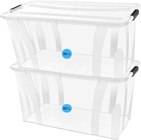 Aufbewahrungsboxen mit Deckel 7L 14L 21L 32L 55L 80L Plastik Boxen Klickverschluss Stapelboxen Sets Lebensmittelecht Haushalt & HLKauf-Block (2x 80Liter & 1x HLKauf-Block)