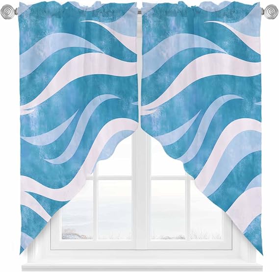 Blue Stripe Swag Curtains Valance For Kitchen Windows,Modern Abstract Geometric Ocean Coastal Wide Rod Pocket Curtain Drapes,Bedroom Bathroom Cafe Living Room Light Filtering Drapery Panels,72"Wx36"H