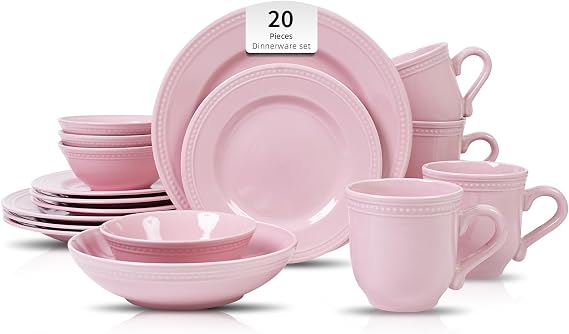 HomeVSS 20-Piece Pearl Dots Stoneware Dinnerware Set, Pink, Service for 4