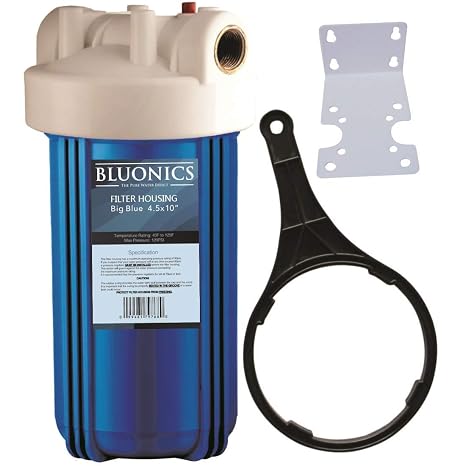 Bluonics 4.5 x 10 Whole House Water Filter Housing System uses Standard Size 4.5 x 10 Cartridges - Complete with Wrench, Bracket and Screws