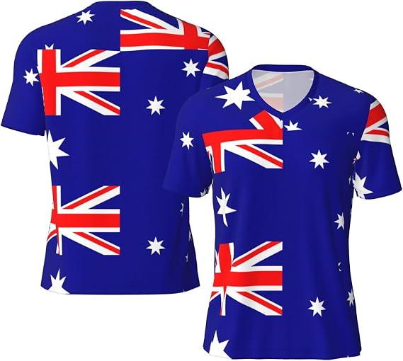 Australian Flag Print Retro Soccer Jersey, V-Neck Short-Sleeve T-Shirt Mesh Jersey Men for Casual and Sports Wear