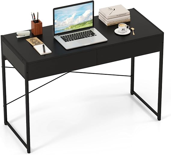 Tangkula Computer Desk with 2 Drawers, 44 Inch Home Office Desk with Metal Frame & Anti-Toppling Device, Modern Writing Desk Study Desk, Compact Laptop PC Desk for Small Space (Black)