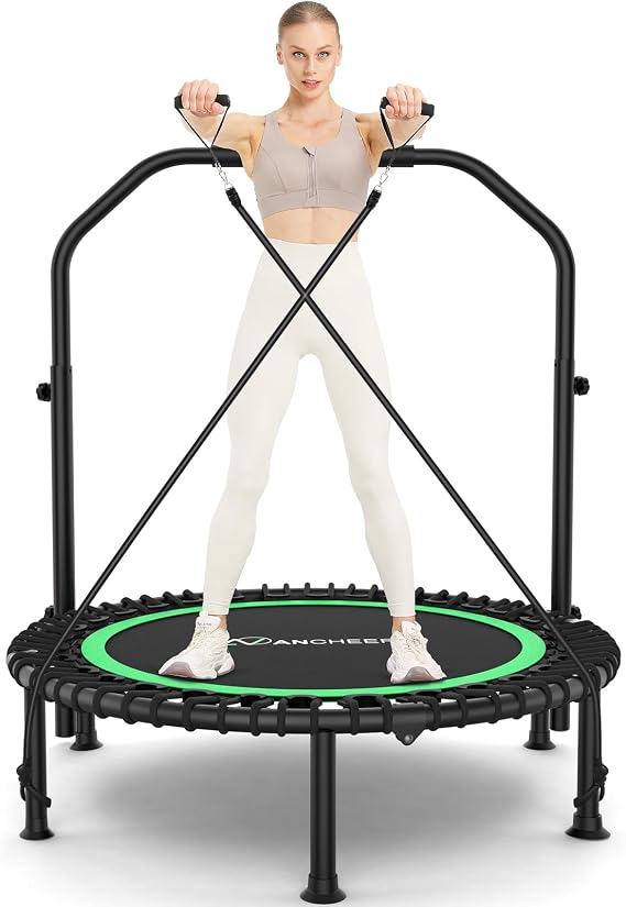 ANCHEER 40"/48" Foldable Mini Trampoline with Adjustable Handle for Adults | 450/550LBS Capacity,Bungee Rebounder,Fitness Trampoline with Resistance Bands,Exercise Trampoline for Home,Garden,and Gym