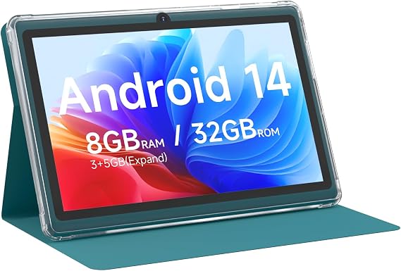 Android 14 Tablet 7 inch Tablets with Case, 8GB RAM 32GB ROM 1TB Expand, Quad-Core Processor Tablet PC, 1024 x 600 IPS Screen, Dual Camera, 3000mAh Battery, Bluetooth, WiFi, GMS, Widevine L1, Navy