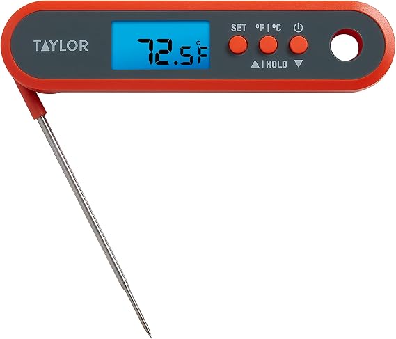 Taylor Digital Waterproof Meat Thermometer for GLP-1 High Protein Meal Prep Folding Probe for Chicken, Salmon, Steak Programmable Presets, Backlit Display for Oven, Grill, Orange