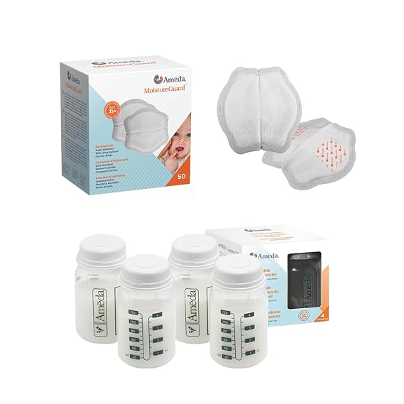 Ameda Breastmilk Storage Bottles (4 Count) + Ameda MoistureGuard Disposable Nursing Pads (50 Count) Bundle | Breastfeeding Supplies
