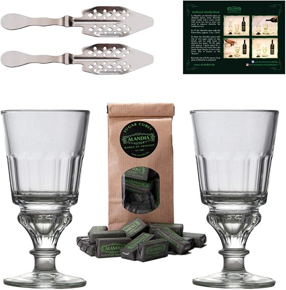 Original Absinthe Accessory Set by ALANDIA | 2X Reservoir Glasses | 2X Stainless Steel Spoons | 1x Sugar Cubes