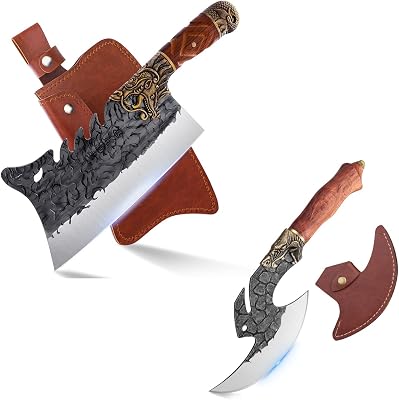 ROCOCO Heavy Duty Meat Cleaver Bundle with Butcher Knife for Meat Cutting Outdoor BBQ Camping Hunting Viking Gift Men