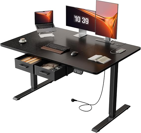 120x80cm Electric Standing Desk, 2 Drawers, Power Outlet | Height Adjustable Sit Stand Desk, 72-117 cm, 2 Memory Smart Pannel, Equipped with 3 USB Ports, Ideal for Home Office, Black