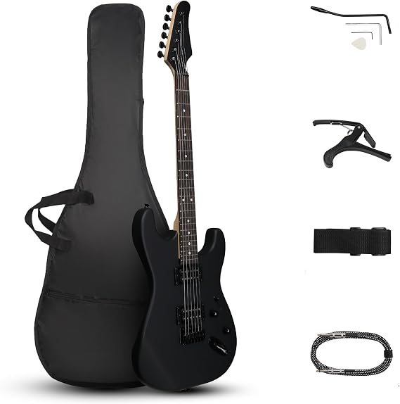 Bonnlo 39" Electric Guitar with H-H Pickups, Gig Bag, Strap, Tremolo Arm, Capo, Accessories for Beginners, Matte Black Guitar Electric