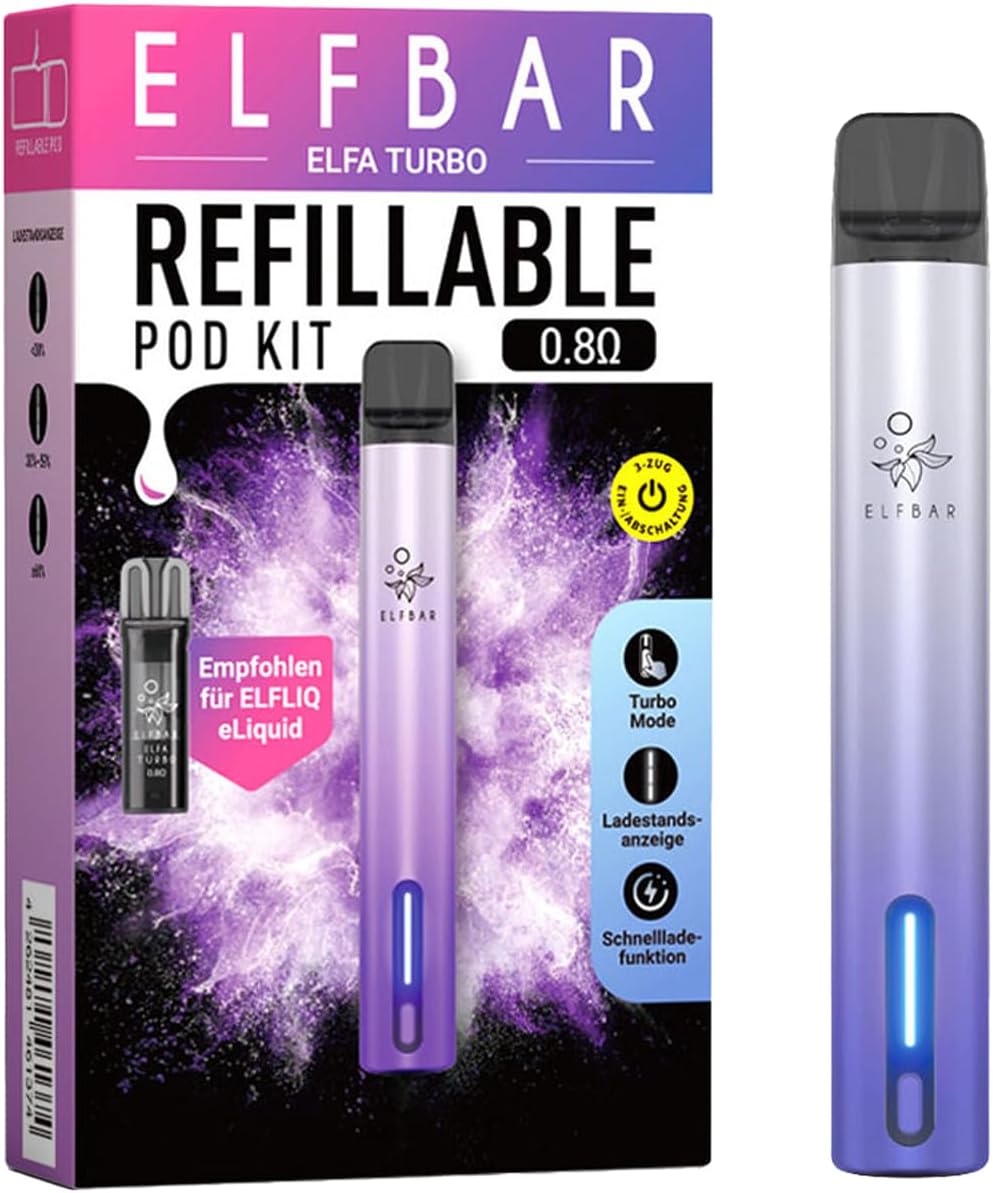 Elfbar Elfa Turbo Pod Kit - No Liquid Included - 550 mAh Battery USB-C Quick Charge MTL 2 Power Modes Refillable & Prefilled Pods  Funny Hookain Sticker Aurora Purple