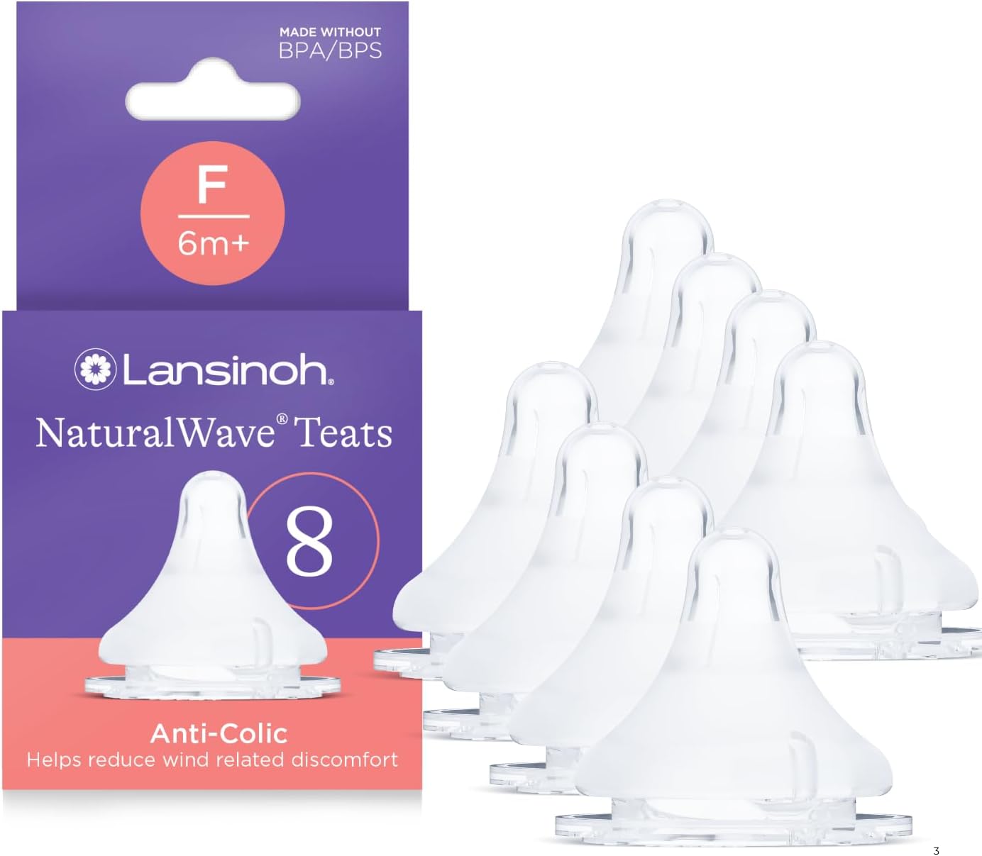 Lansinoh NaturalWave Baby Bottle Teats - Fast Flow - 8 Pack - Anti-Colic Air Vent - BPA & BPS-Free - Clinically Proven to Reduce Nipple Confusion - Compatible with Lansinoh Bottles