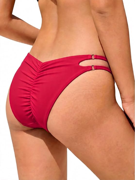 Women's Low Rise Bikini Bottom with Side Straps Cheeky Cut Strappy Swim Bottom Stretchy Polyamide Swimsuit Brief