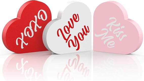 OLANRUN Valentines Day Decorations, 3 PCS Double Printed Wooden Conversation Hearts Decoration, Romantic Valentines Day Decor for Indoor Home Office Table Tiered Tray Mantel Shelf Bedroom