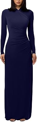 Aprilake Womens Long Sleeve Bodycon Ruched Elegant Warp V Neck Long Evening Formal Dress