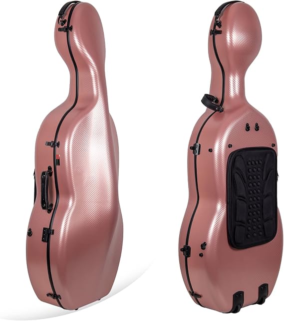Crossrock Poly Carbon Cello Case for 4/4 Full-Size | Matte Rose Gold Finish, Black Velvet Interior, Wheels & Bow Storage Durable Lightweight Hardshell