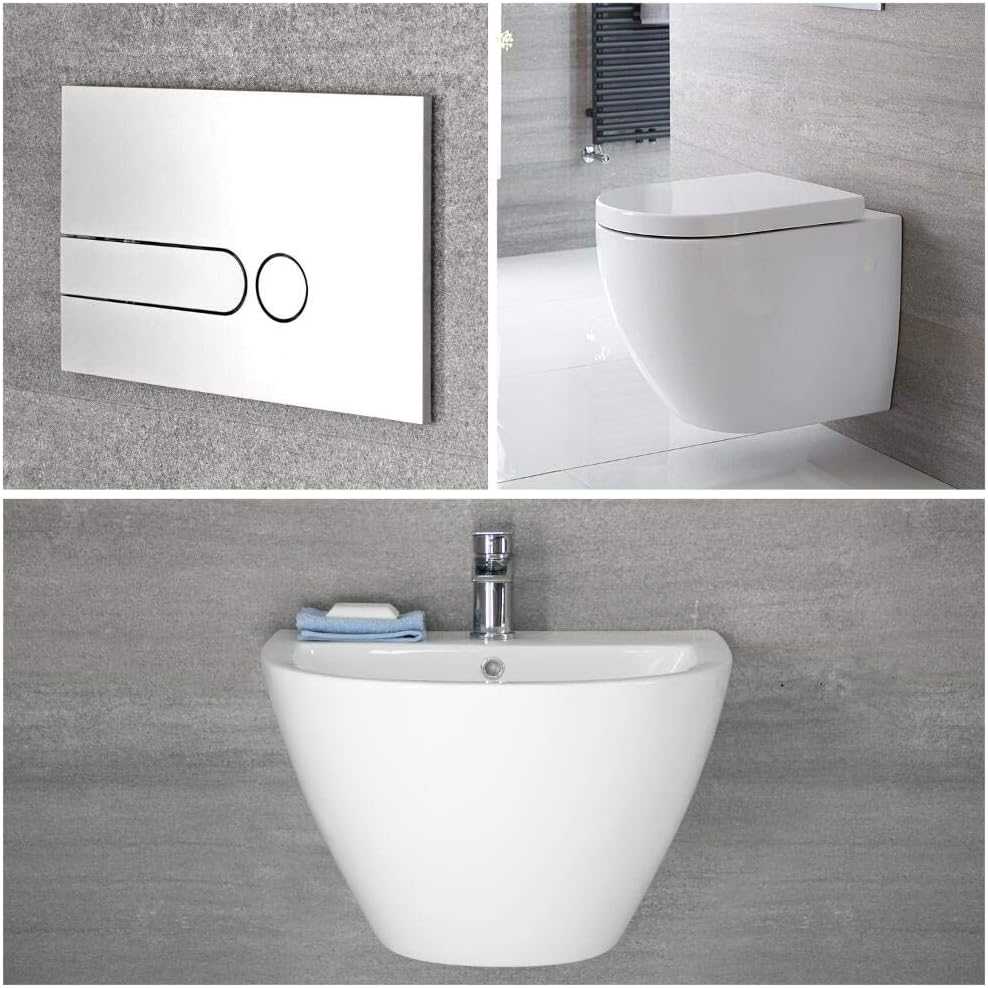 Milano Irwell - White Modern Wall Hung Bathroom Basin Sink and Toilet WC with Soft Close Seat, Cistern and Wall Frame