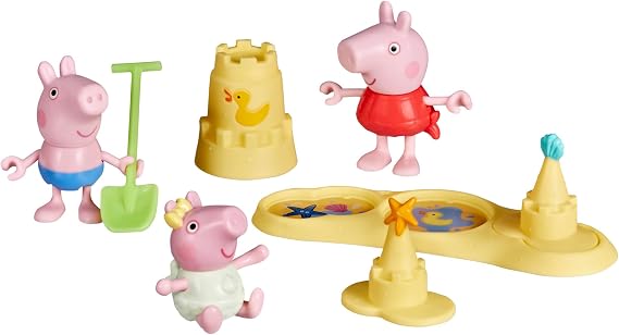 Peppa Pig Siblings Beach Day Playset with 3 Figures and 5 Accessories, Includes Baby Evie, Preschool Toys for Girls and Boys 3 and Up
