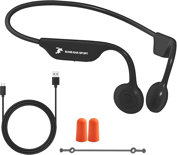 Bone Conduction Headphones - Wireless 5.4 Open Ear Headphones with Mic, 8H Playtime, Earplugs, Elastic Cord, IPX6 Waterproof Earbuds for Running/Cycling/Climbing, Black