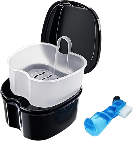 Denture Box Cleaning Set with Denture Brush Denture Box Prosthesis Container with Hanging Strainer Portable Denture Box Braces Box Storage Box (Black)