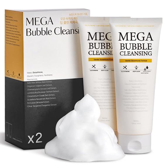 hetras. Mega Bubble Cleanser 7.4 fl.oz / 210ml | 2 Pack, Deep Cleansing Foaming Face Wash for Oily and Sensitive Skin, White